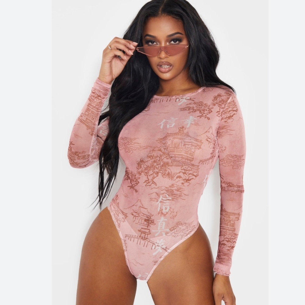 Pretty Little Thing Pink Oriental Mesh Long Sleeve Bodysuit